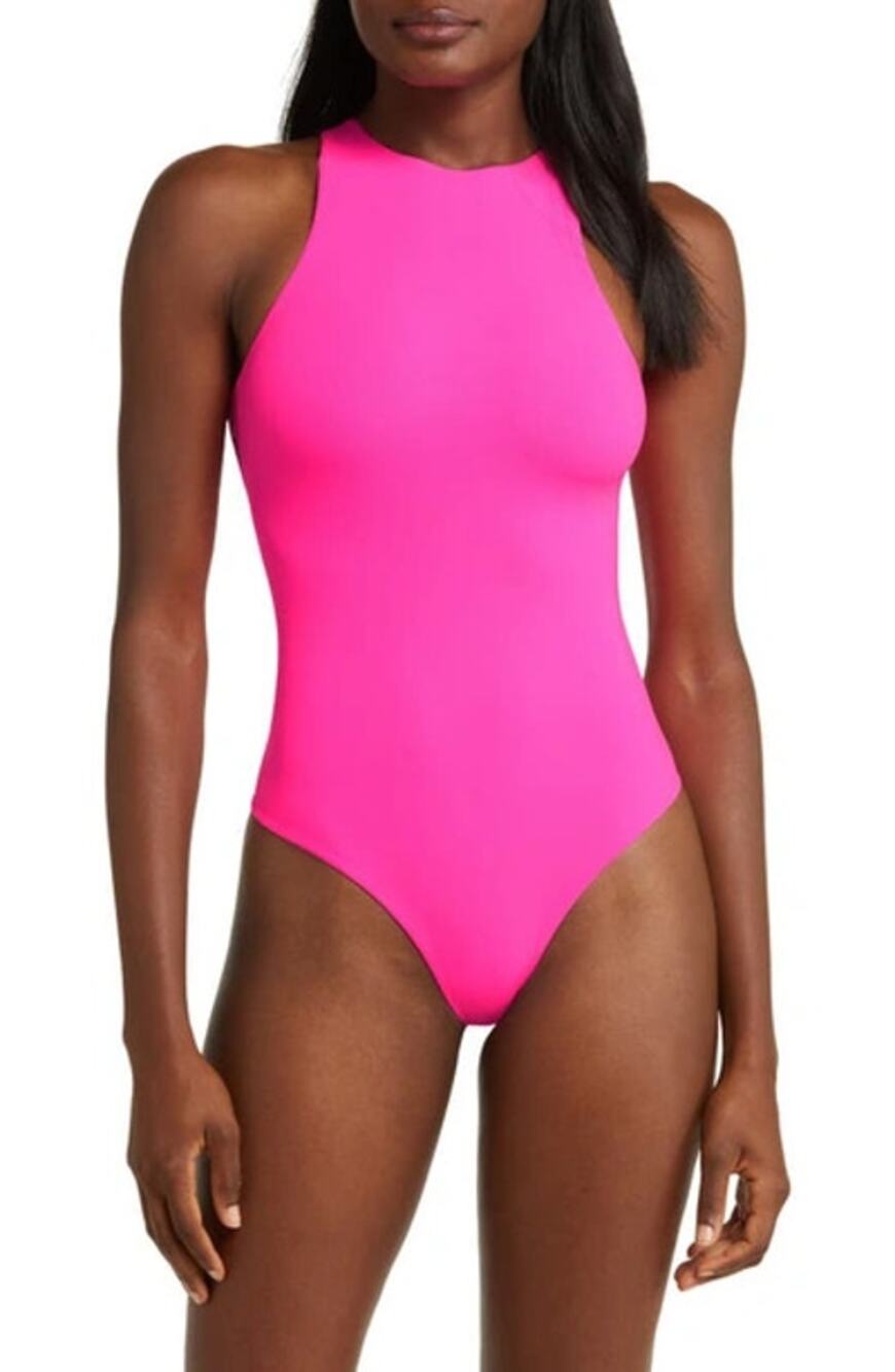 *NEW SKIMS Fits Everybody High Neck Bodysuit Snap Button Bright Pink Women's Sm